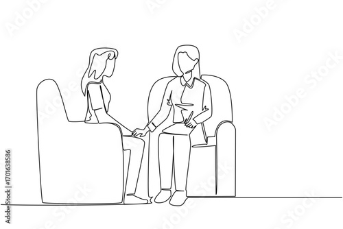 Single continuous line drawing a woman hold clipboard while hold the hand of woman next to her. Giving resilience. National Mental Health Provider Appreciation Day. One line design vector illustration