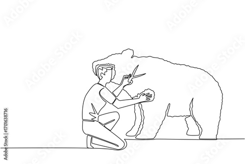 Single continuous line drawing a male gardener kneeling holding tree shears shaping a tree into a bear. Channeling hobbies into different media. World Topiary Day. One line design vector illustration