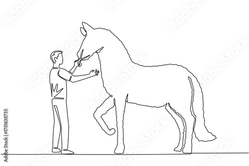 Single one line drawing a male gardener stands holding tree shears shaping a tree into a horse. Made with detail and precision. Hobby. World Topiary Day. Continuous line design graphic illustration