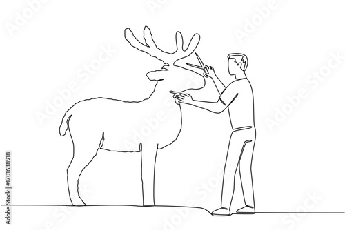 Single one line drawing a male gardener cuts a tree to shape it into a stag with antlers. The art of playing with animal shapes. AgileWorld Topiary Day. Continuous line design graphic illustration