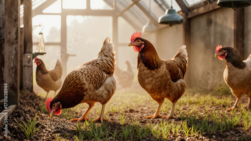 Alert expressions and perky combs show healthy birds. The scene dissolves into a beautiful creamy bokeh.
