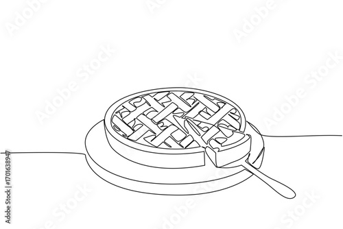 Single one line drawing apple pie cut into small pieces on a cookie scoop and on a round wooden cutting board. Share the pleasure. National Apple Pie Day. Continuous line design graphic illustration