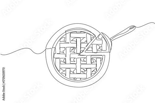 Single one line drawing apple pie and small portion on a cookie scoop on a round wooden cutting board. Taste a spoonful of pleasure. National Apple Pie Day. Continuous line design graphic illustration