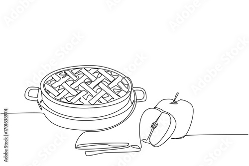 Continuous one line drawing apple pie with pan base, with whole and halved apples, cinnamon sticks. Fresh natural apple ingredients. National Apple Pie Day. Single line draw design vector illustration