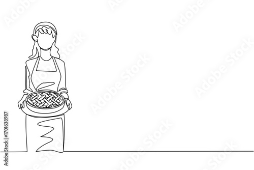 Continuous one line drawing a woman wearing an apron holding an apple pie on a round tray. Still warm. Eat immediately. Delicious. National Apple Pie Day. Single line draw design vector illustration