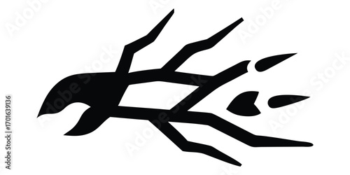 A powerful black vector illustration of a man and horse in a strong silhouette, with kanji art