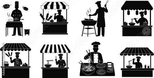 Street food vendor vector icons with chefs cooking noodles, barbecue skewers, outdoor market stalls, grilling, takeaway meals, Asian cuisine illustrations.