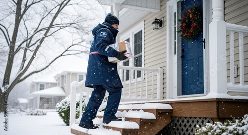 A postal worker delivering mail to a house in a snowy neighborhood.