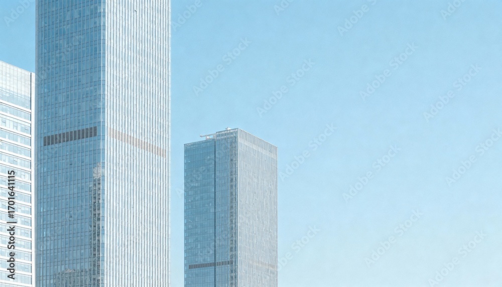 Obraz premium Modern Cityscape Featuring High Rise Buildings Against Blue Sky, Representing Urban Development and Financial District