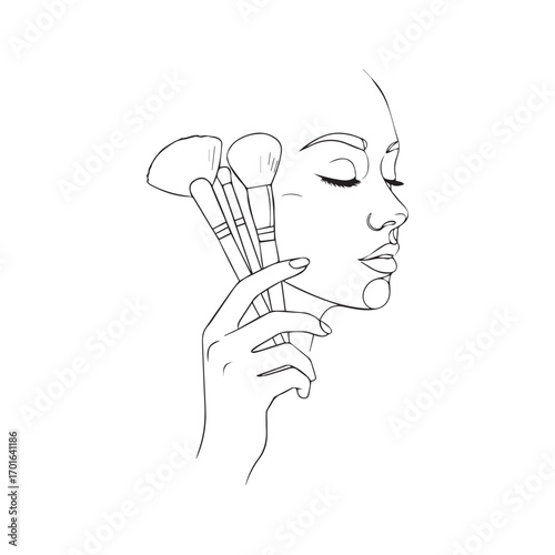 Abstract woman's face with makeup brushes, minimalist one-line drawing. Beauty salon, makeup artist logo concept. Fashion vector illustration.
