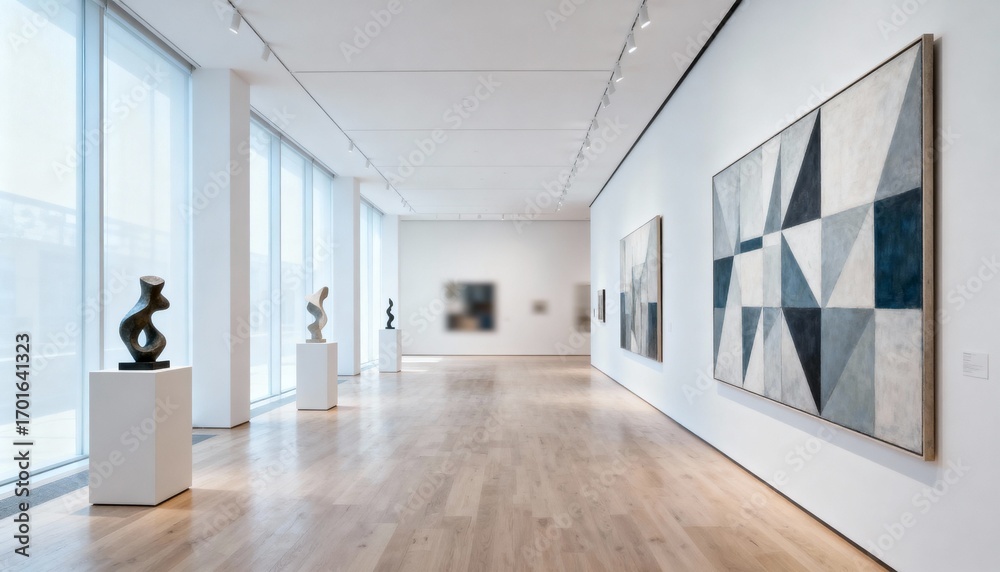 Obraz premium Bright Art Gallery Interior with Sculptures and Paintings Exhibits, Minimalist Design, Light Hardwood Flooring