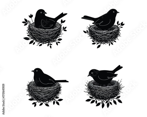 Four detailed black silhouettes of small birds perched in intricately woven nests surrounded by delicate leaves on a white background
