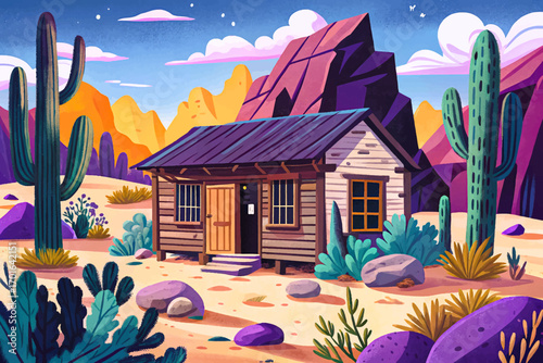 Old wooden cabin in desert canyon wallpaper, rustic hut blending with rocks, dry landscape and cactus plants cartoon