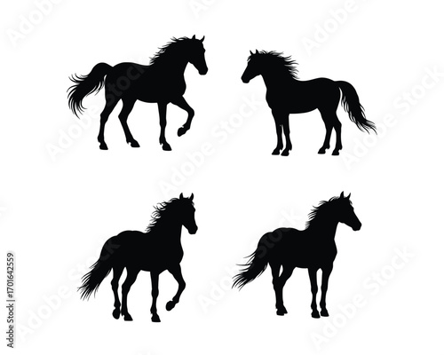 Four striking black silhouettes of majestic horses in various dynamic poses against a clean white background