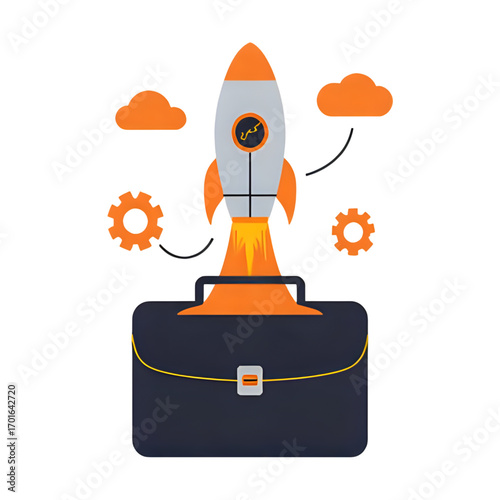 Rocket launching from a briefcase, symbolizing business startup and growth.