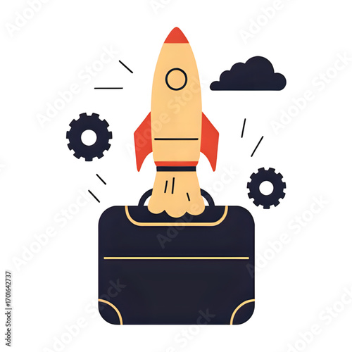 Rocket launching from a briefcase, symbolizing business startup and innovation.