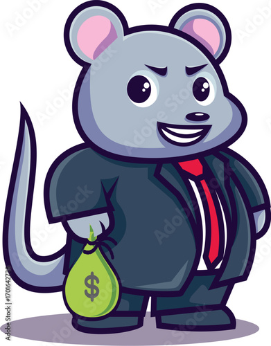 Corrupt rat in suit holding money bag with dollar sign, perfect for branding and web design