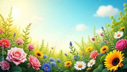Vibrant Summer Meadow Sunlit Pink Roses Sunflowers Daisies