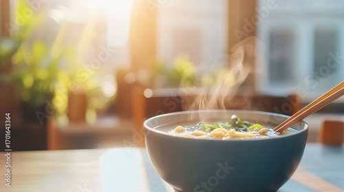 Steaming bowl of soup on table