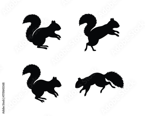 Four distinct black silhouette illustrations of squirrels in various dynamic running and jumping poses against a white background