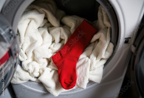 A lone red sock amidst a pile of white laundry inside a washing machine drum