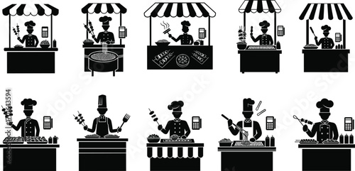 Street food stall vector icons with chefs, barbecue skewers, noodle cooking, outdoor market vendors, grilling, takeaway meals, and restaurant illustrations.