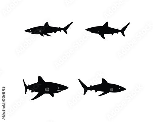 Four distinct silhouette illustrations of sharks in dynamic poses against a clean white background for design