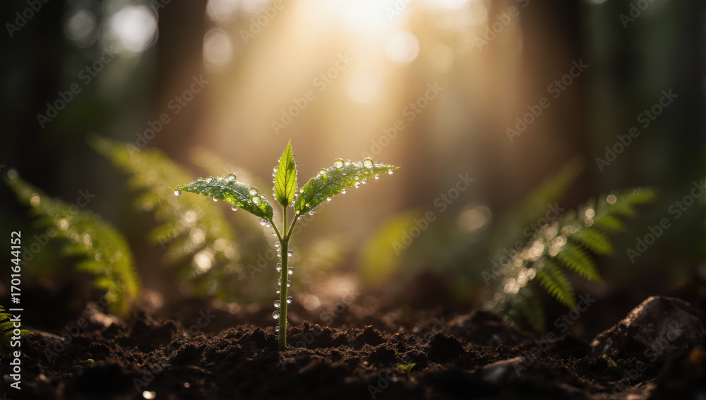 Fototapeta premium Golden sunlight on a young green sapling. The blurred expansive background creates an immersive appeal for buyers.