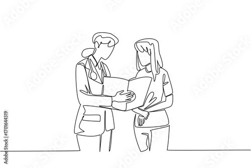 Single continuous line drawing doctor wearing stethoscope showing medical record to female patient. Explaining about health. Exam. National Checkup of Women Day. One line design vector illustration