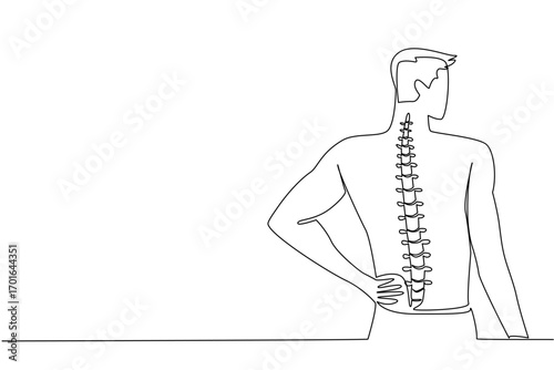 Continuous one line drawing a man holding his waist and back. Unbearable pain. Feeling uncomfortable to do activities. Spinal Cord Injury Awareness Day. Single line draw design vector illustration