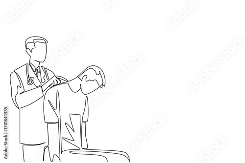 Continuous one line drawing doctor wearing stethoscope holding spine of male patient. Spinal surgeon. Treatment. Clinic. Spinal Cord Injury Awareness Day. Single line draw design vector illustration