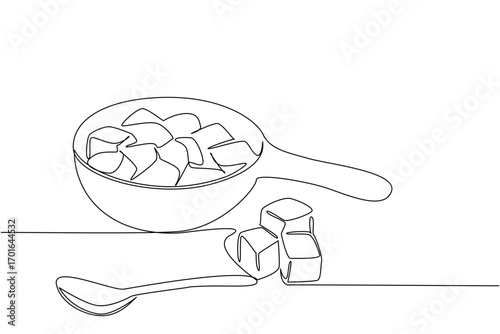Single one line drawing croutons in bowl and some scattered on the side and add a stainless steel spoon. The food complement is ready. National Crouton Day. Continuous line design graphic illustration
