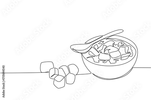 Single continuous line drawing soup with croutons in a bowl with croutons scattered around. Perfect combination. More delicious. Cuisine. National Crouton Day. One line design vector illustration