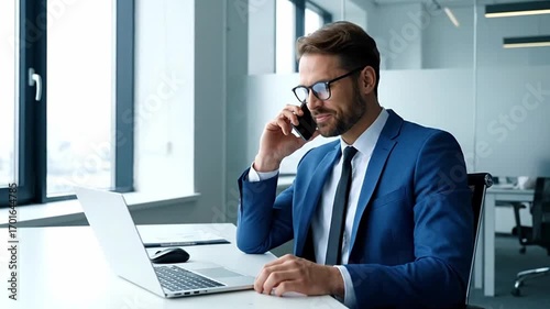 Mature financial specialist, investor entrepreneur man talking on cellphone telephone looking at laptop pc. Smiling male ceo businessman having call with business consultant using computer in office