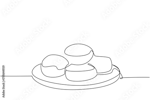 Single continuous line drawing buttermilk biscuits on a round wooden cutting board. A delicious warm meal. Good nutrition for body. National Buttermilk Biscuit Day. One line design vector illustration