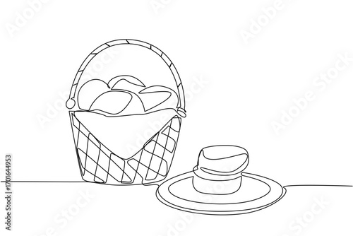 Single continuous line drawing buttermilk biscuits in rattan woven basket with a handle and a napkin base. Serving delicious snack. National Buttermilk Biscuit Day. One line design vector illustration