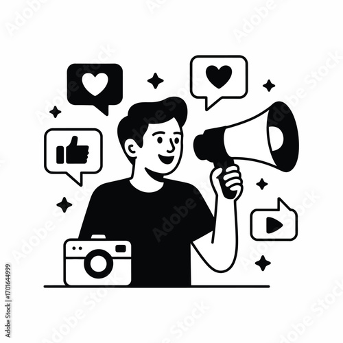 Influencer Icon with Camera and Megaphone Illustration