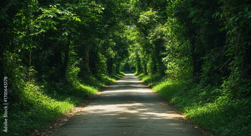 Fototapeta premium Sun-dappled road through lush green canopy, creating a tunnel effect