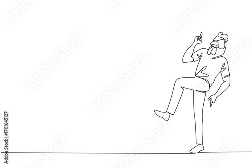 Single continuous line drawing a man wearing a tshirt wearing a chicken head mask poses dancing. Freestyle dancing. Freedom of expression. Dance Like a Chicken Day. One line design vector illustration