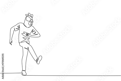 Single continuous line drawing a man wearing a tshirt wearing a chicken head mask poses dancing. Sway to the beat. Happiness. Hobby. Dance Like a Chicken Day. One line design vector illustration