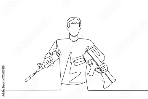 Continuous one line drawing a man in casual clothes holds and breaks a rifle with both hands. Momentum of peace. International Conscientious Objectors Day. Single line draw design vector illustration