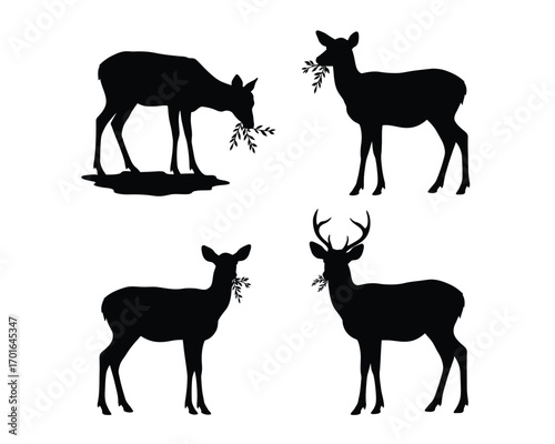 Collection of four black silhouette deer poses standing and grazing with foliage in mouths on white background
