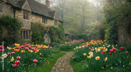 Fototapeta Naklejka Na Ścianę i Meble -  Misty morning cottage garden path with tulips and daffodils