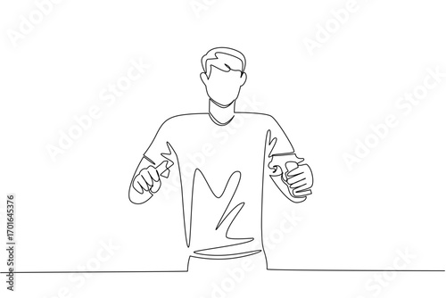 Continuous one line drawing a young man in casual clothes holds and breaks a gun with both hands. Live in peace. International Conscientious Objectors Day. Single line draw design vector illustration