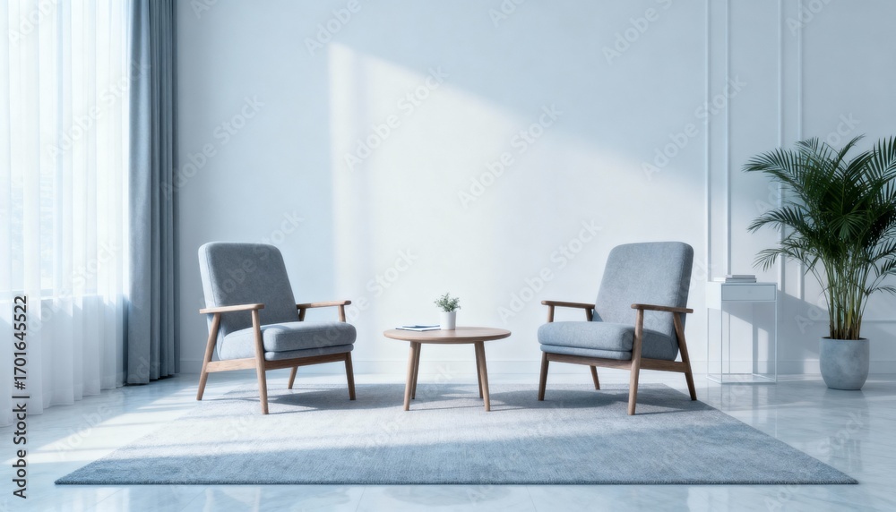 Fototapeta premium Minimalist Interior Design: Two Armchairs, Round Table, and Potted Plant in a Bright, Modern Living Room