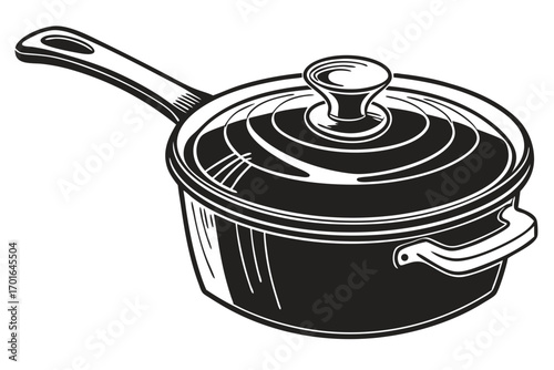 Black and White Cooking Pot Illustration.