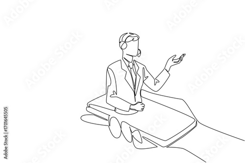 Single one line drawing hand hold smartphone with male customer support coming out of the screen. Online explanation. International Customer Support Day. Continuous line design graphic illustration