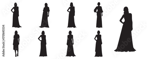 Architectural Drawings stylish people in elegant evening wear and gowns silhouette vector illustration,  front view, human person Minimal style hand drawn. Sections, Elevations, Floor Plans