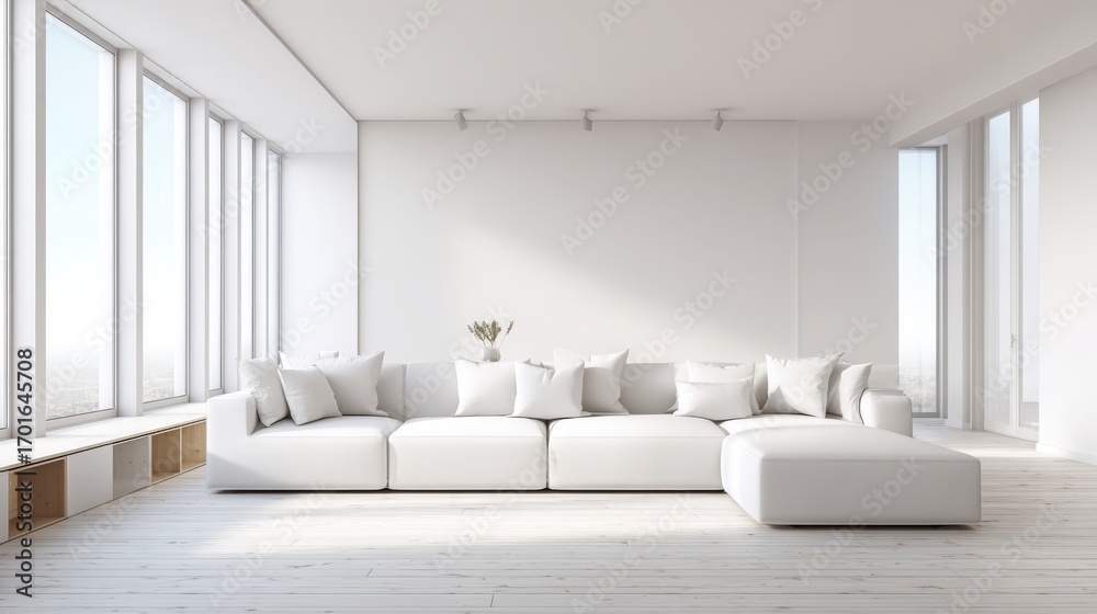 Fototapeta premium Bright Modern Living Room with White Sofa, Large Windows, and Minimalist Design for Home Interior