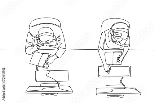 Single continuous line drawing male and female customer support person wearing headphones while taking notes. Manual recording. International Customer Support Day. One line design vector illustration